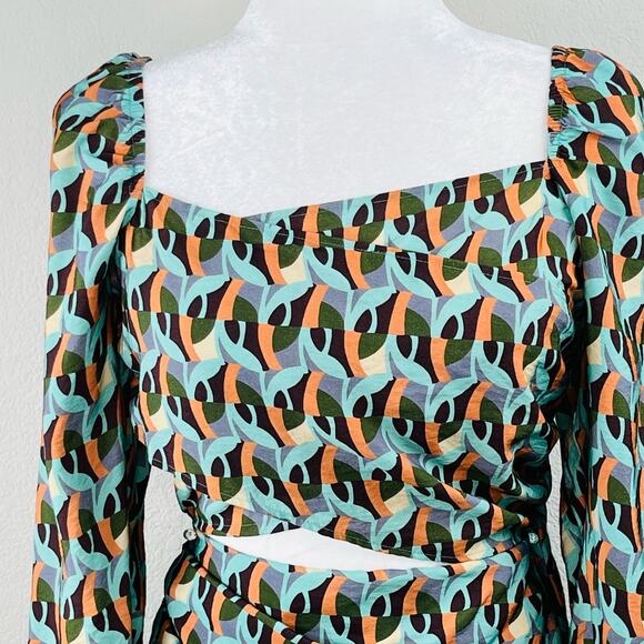 Topshop Multi Green Cutout Detail Long Sleeve Faux Wrap Mini Dress 6/Small NWOT - Picture 7 of 15